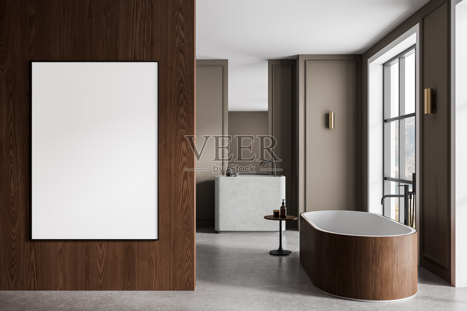 现代浴室内部，木质隔断墙上挂着空白白板海报，时尚浴缸靠近大窗户，设计奢华，模板。3D渲染照片摄影图片