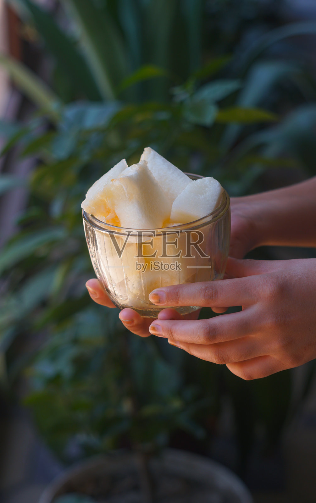 水晶碗里的手工雕刻瓜照片摄影图片