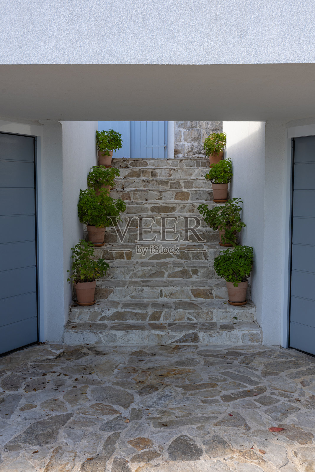 带有盆栽植物的石阶通向白色庭院中的蓝色门照片摄影图片