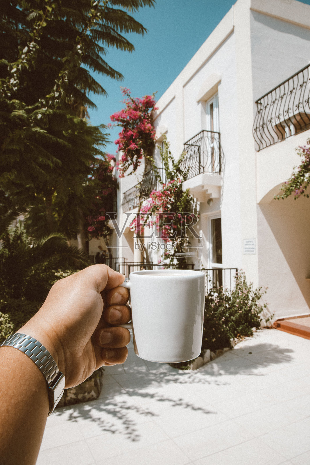 在阳光明媚的地中海风格庭院中，一只手正拿着一个白色咖啡杯，周围盛开着鲜花。背景是带有阳台和灰泥墙的建筑细节，体现了生活方式和旅行的概念，适合用于宣传设计。照片摄影图片