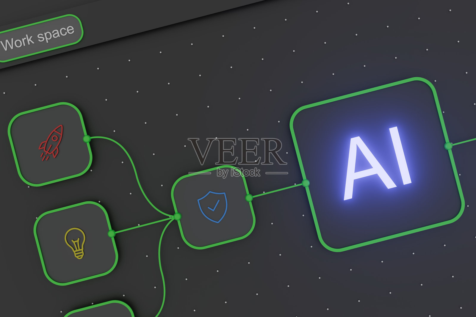 中心发光的AI字体，通过数字节点线连接到各种商业图标照片摄影图片