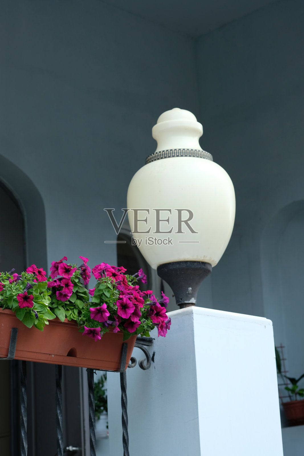 白天，装饰性的路灯矗立在舒适的城市环境中，其下是鲜艳的花朵。照片摄影图片