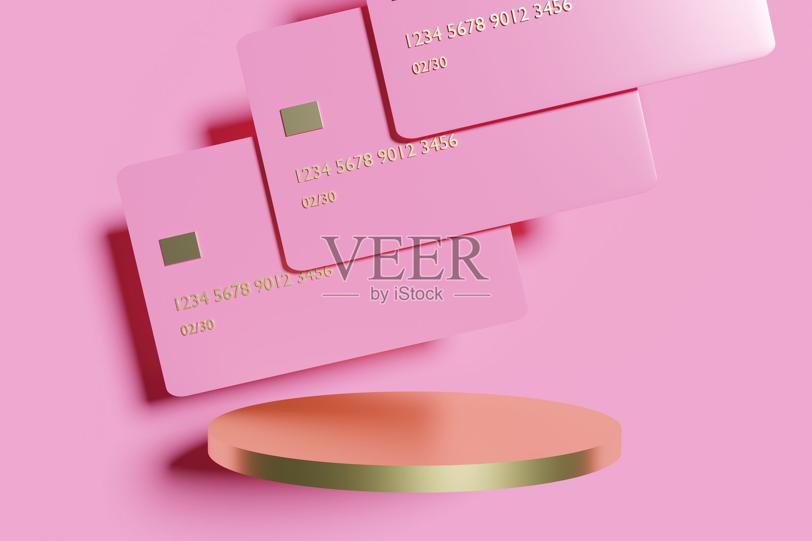 粉色信用卡在极简讲台上的3D渲染图照片摄影图片