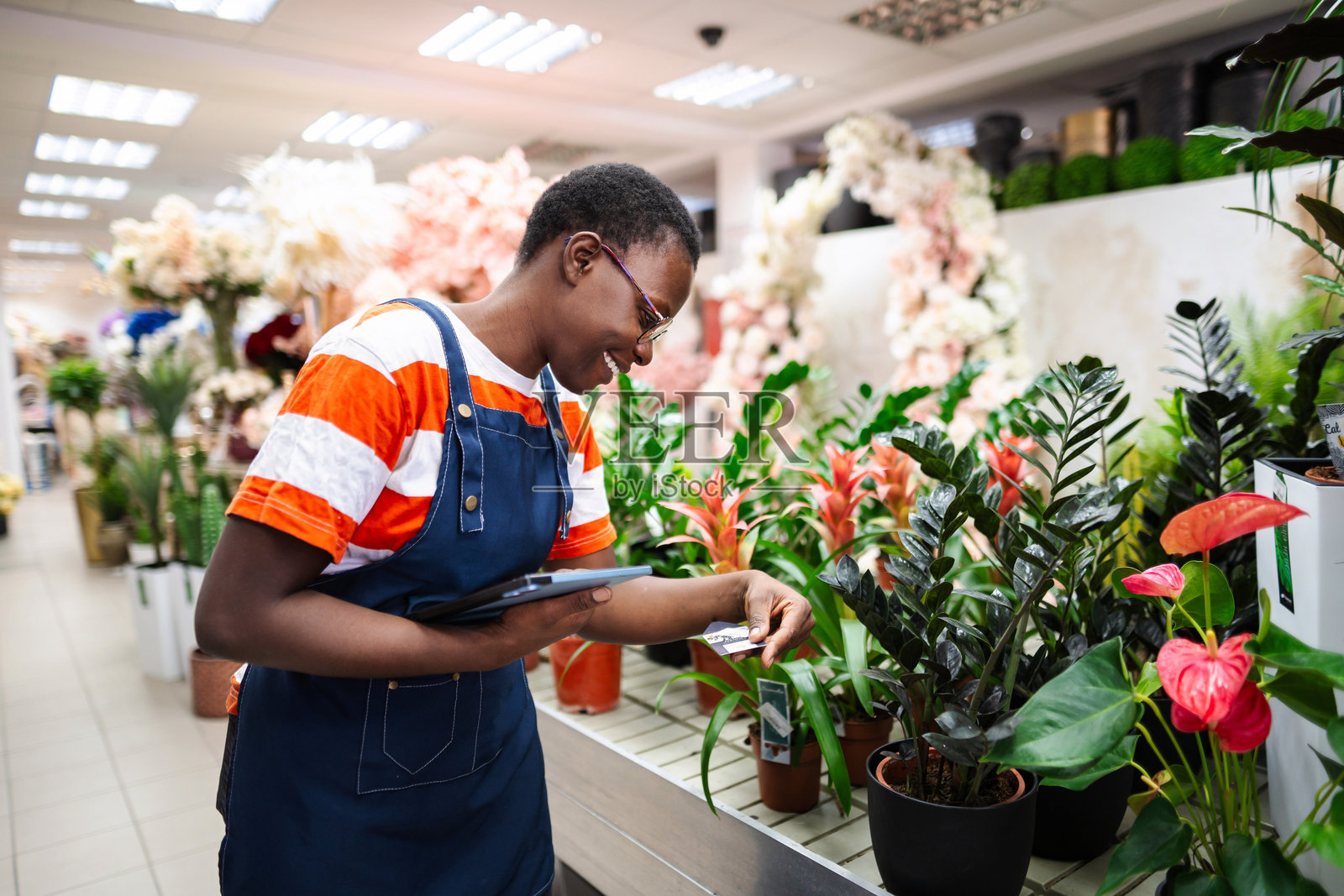年轻花艺师在花店里用平板电脑检查植物照片摄影图片