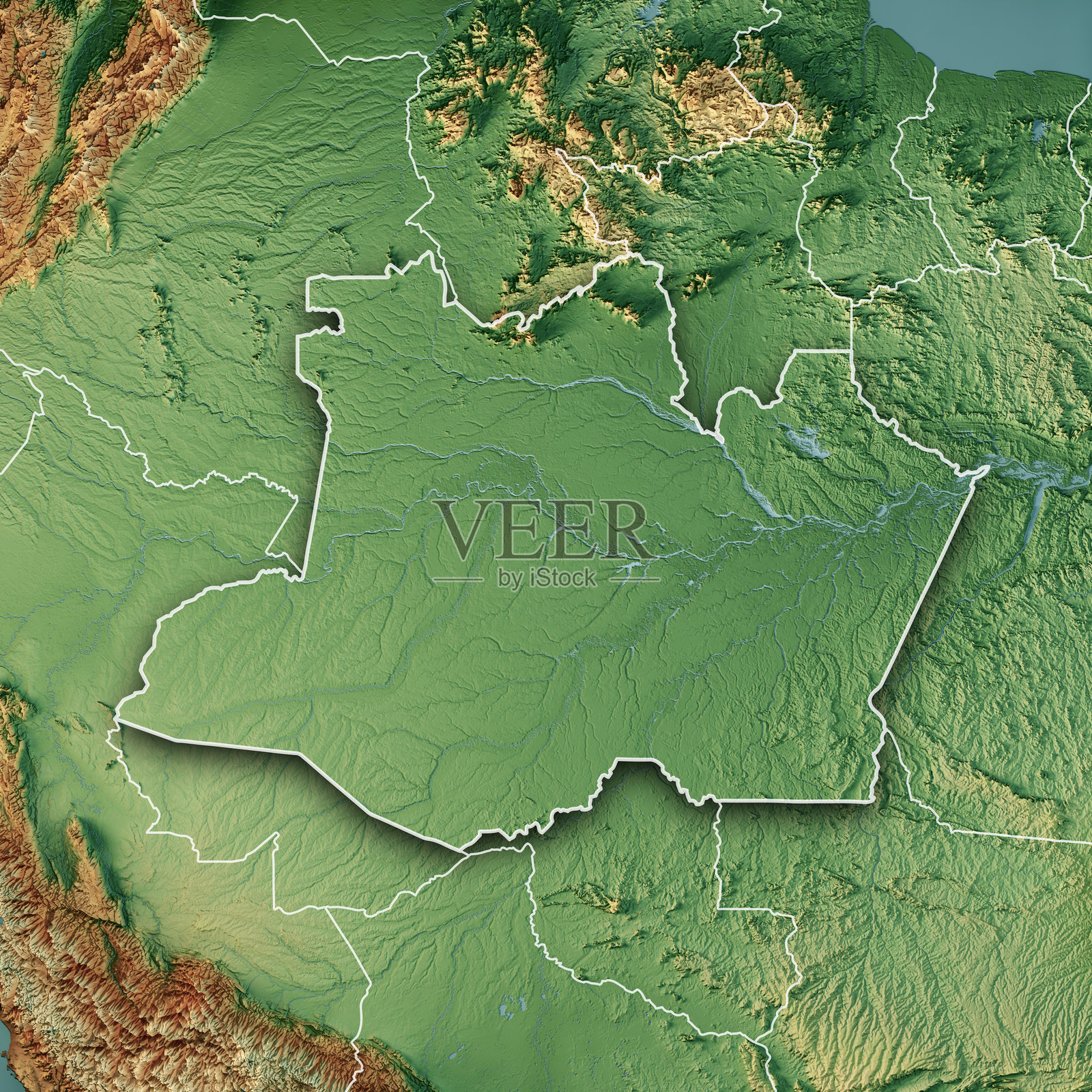 亚马逊巴西地形图 3D渲染 彩色边框照片摄影图片