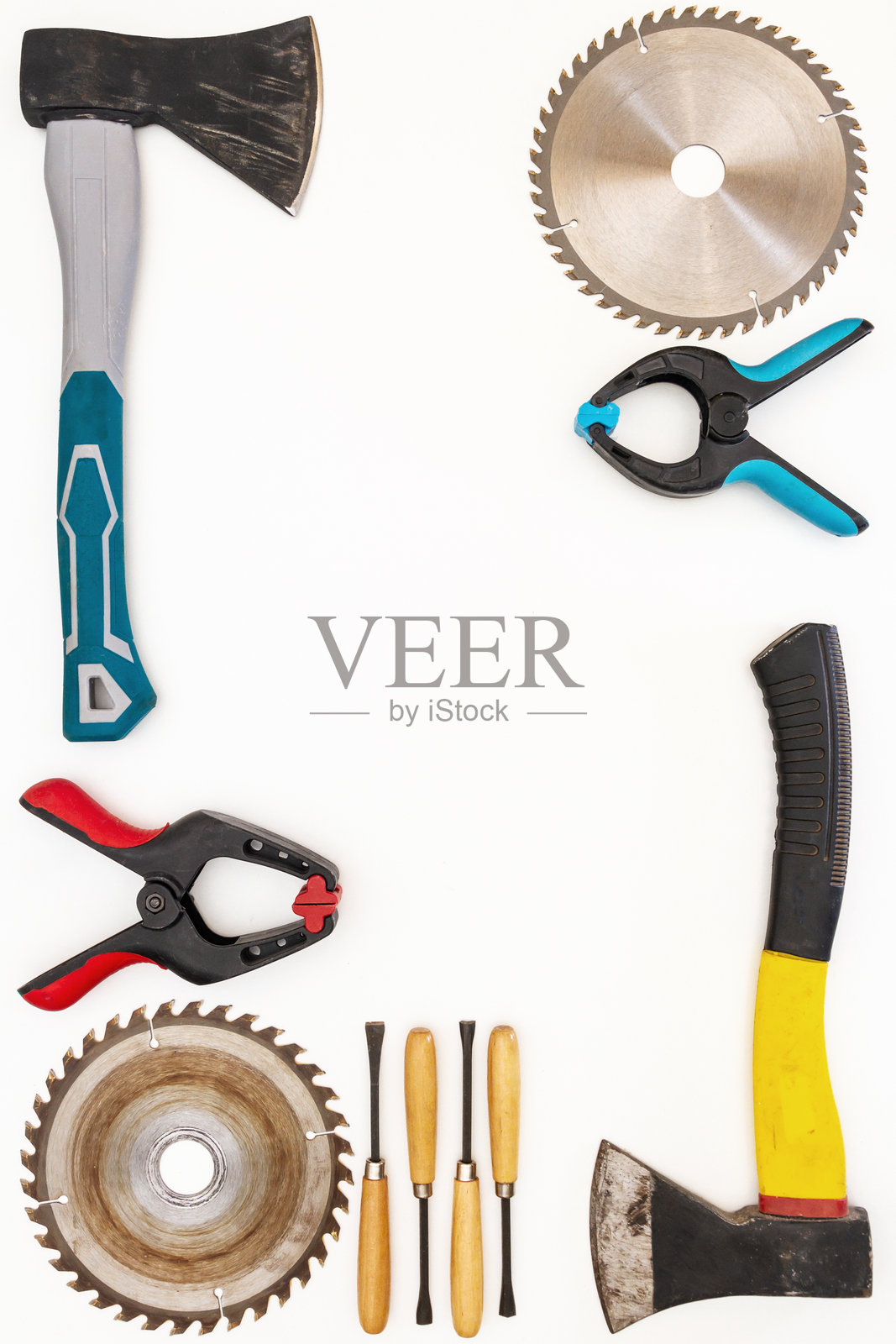 白色背景上，新旧手工工具的平面俯视图。照片摄影图片