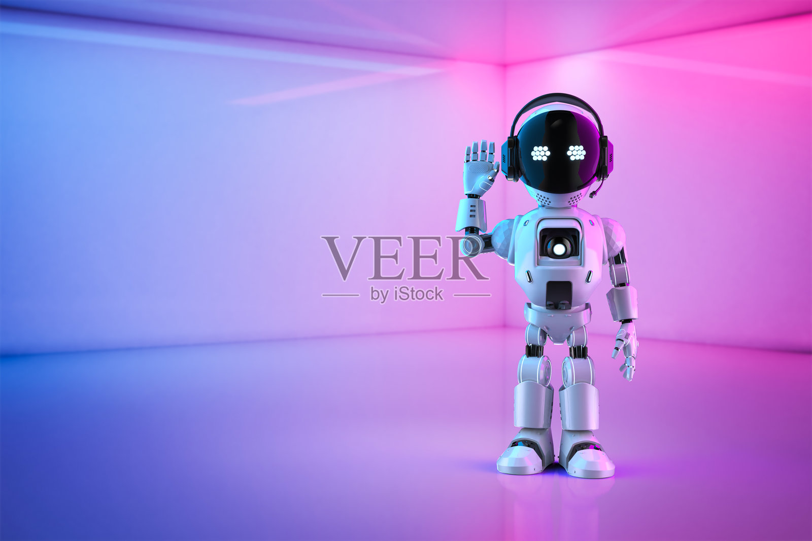 可爱小巧的人工智能个人助理机器人举起手照片摄影图片