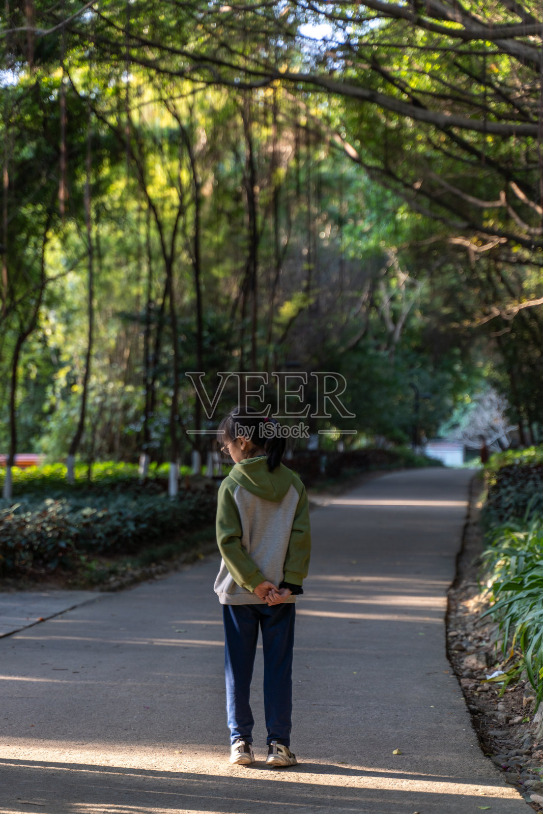 一位亚裔女孩正在公园的树林里散步。照片摄影图片