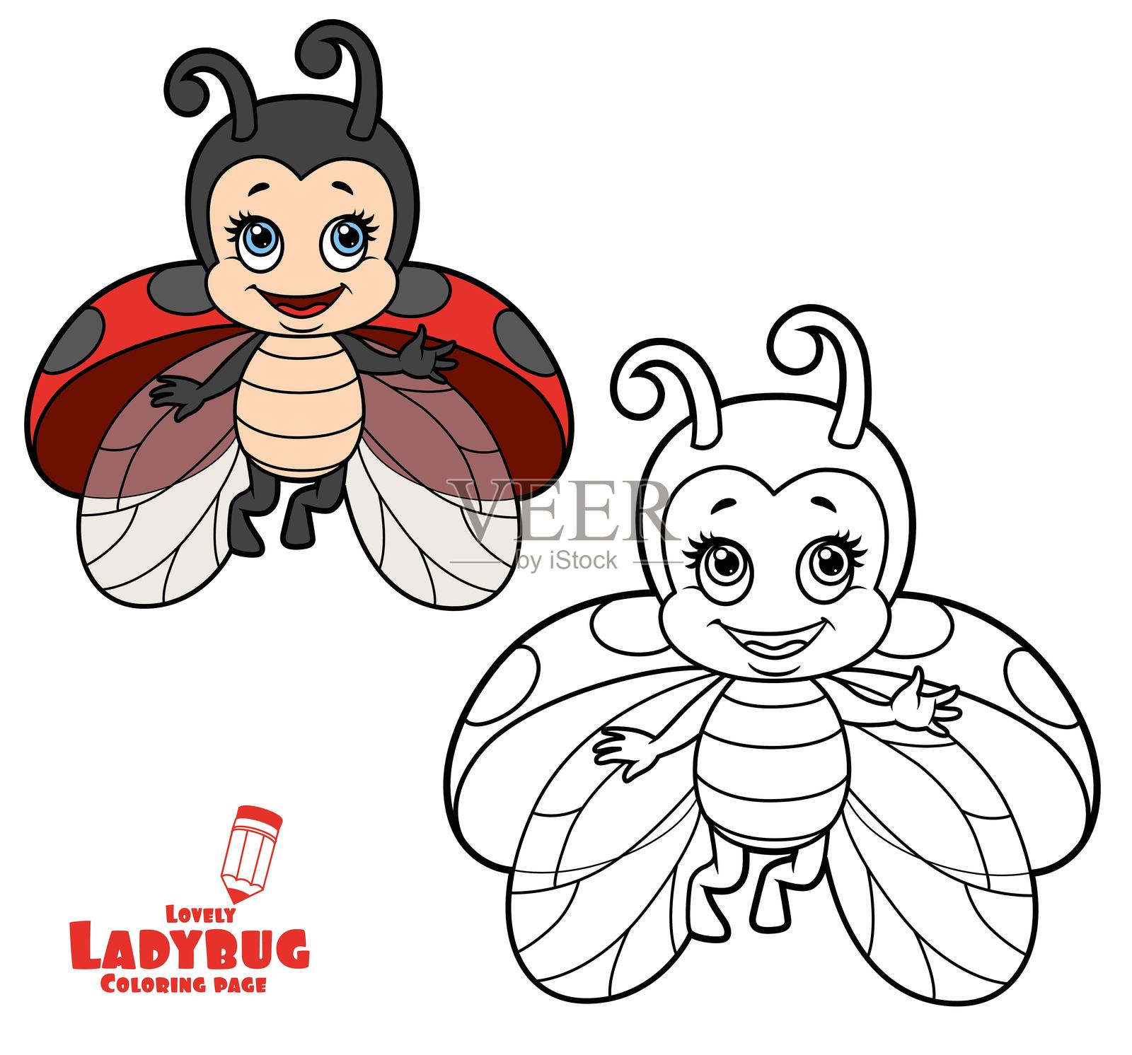 可爱瓢虫飞翔，不同颜色变体，用于着色页，孤立在白色背景上插画图片素材