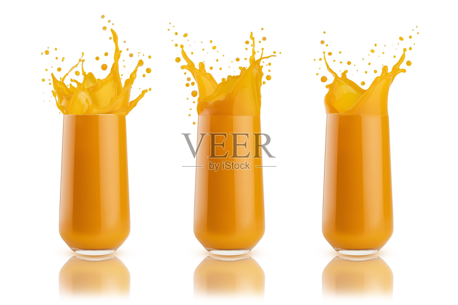 新鲜橙色蔬菜汁，胡萝卜或南瓜汁，溅入玻璃杯中，孤立。四杯组合。抗氧化维生素果味饮品-健康饮食菜单，餐厅，美食，标签。照片摄影图片