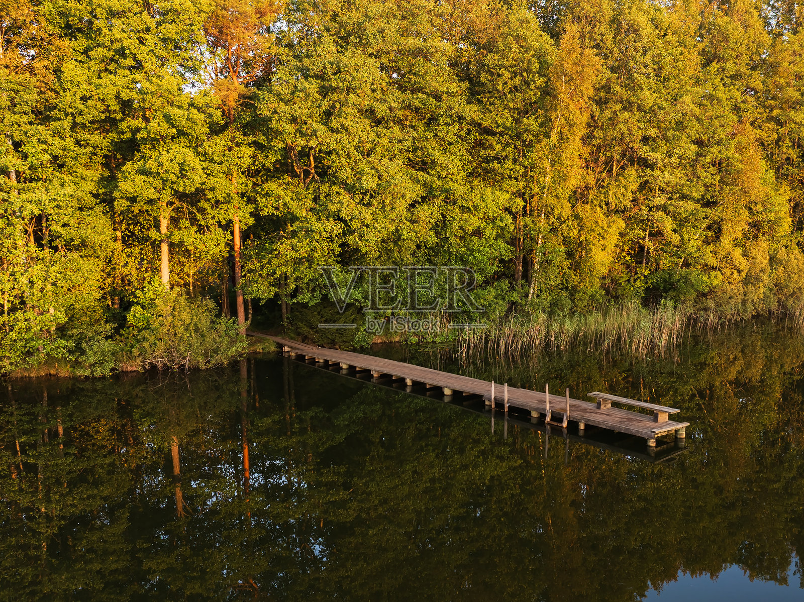爱沙尼亚金色时刻日落时分，平静的森林湖泊上，一座带长凳的长木码头的鸟瞰图照片摄影图片