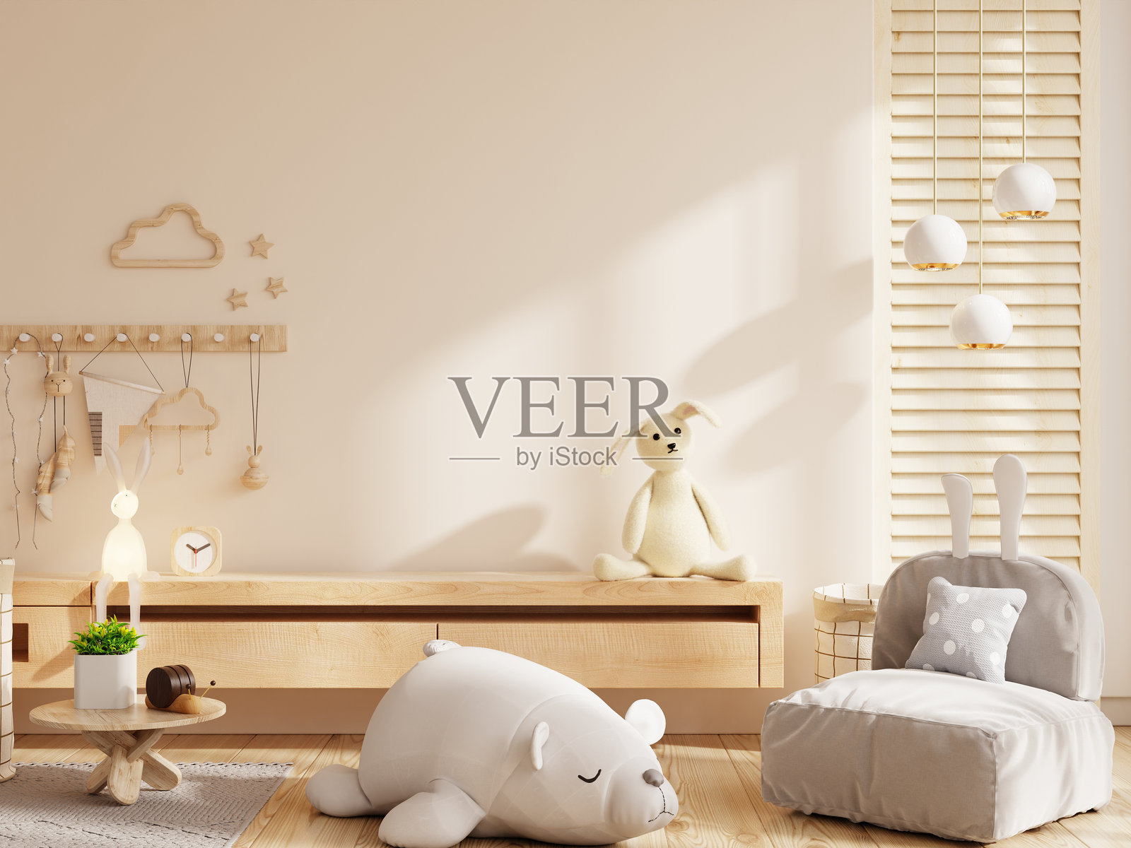 一个温馨舒适的儿童房，配有柔软的毛绒玩具、兔子造型椅子、木质墙面装饰、吊灯和天然木制家具 - 3D渲染照片摄影图片