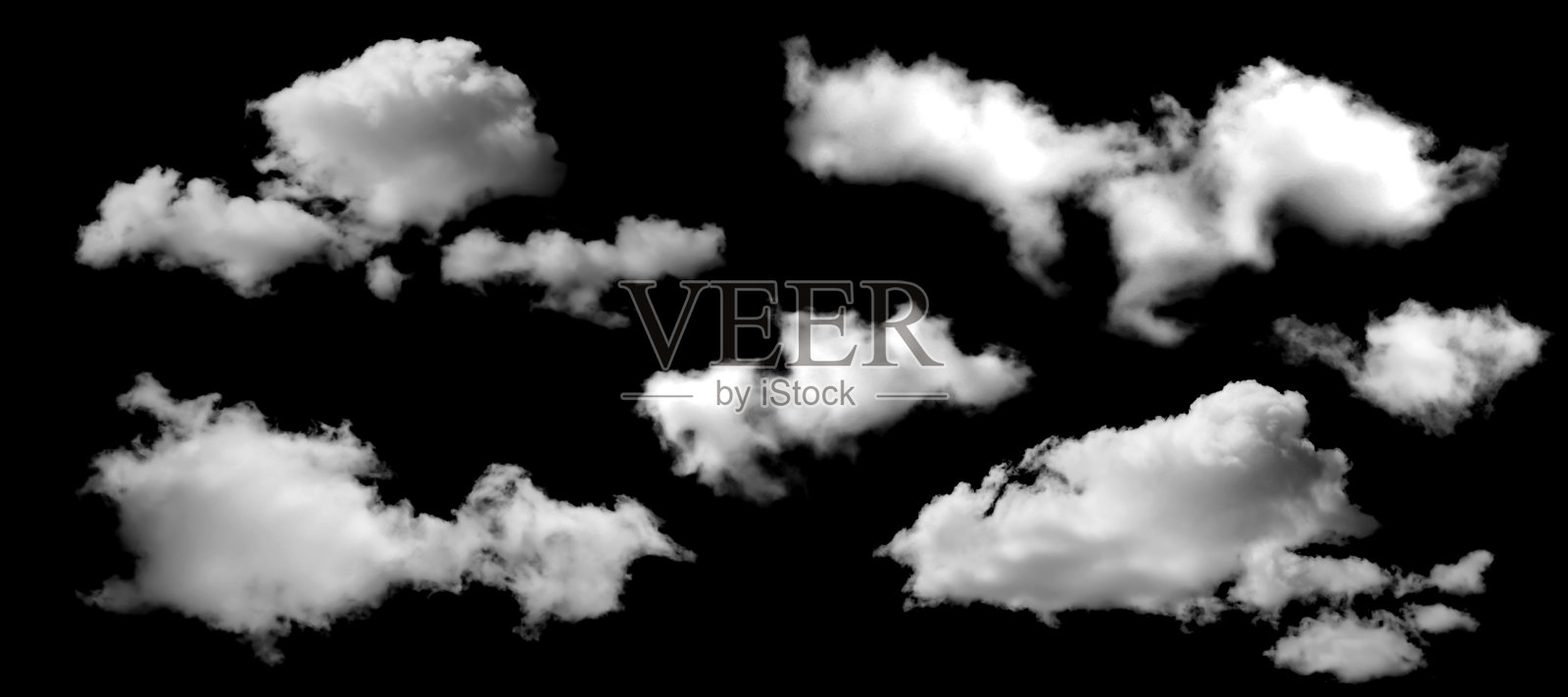 逼真的白色云朵，孤立在黑色背景上，非常适合用作天空叠加、照片合成、数字艺术、天气设计元素以及创意视觉效果，应用于图形设计项目。照片摄影图片