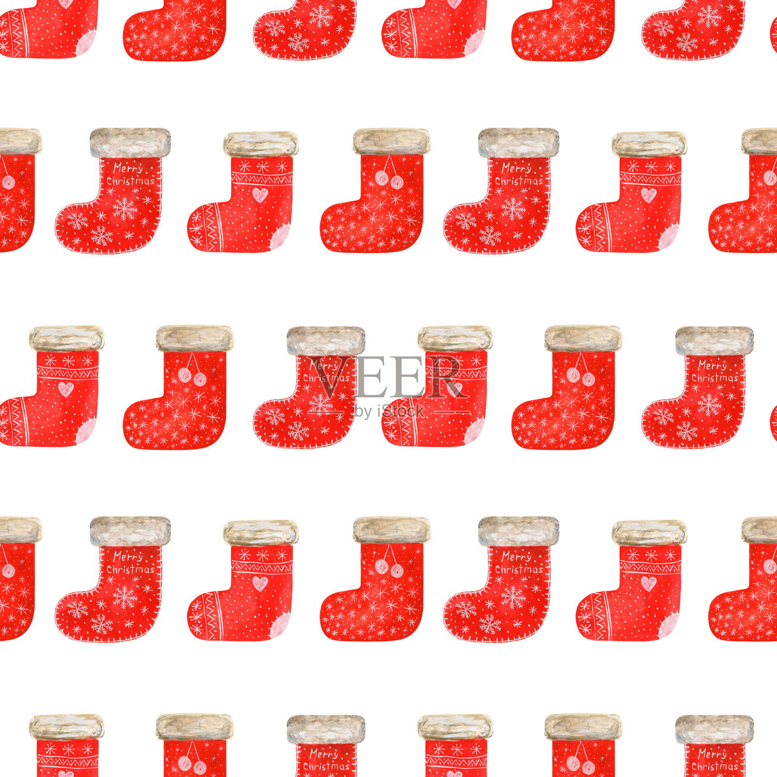 圣诞袜，白色背景上的水彩无缝图案。插画图片素材
