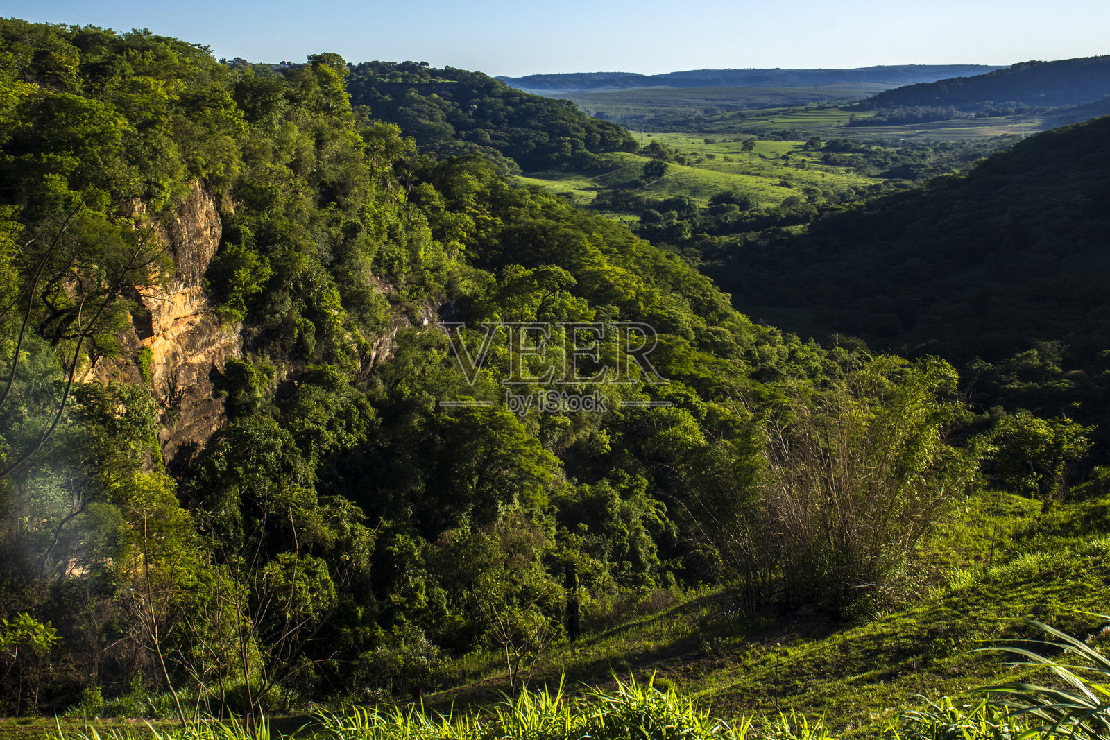郁郁葱葱的山谷中令人惊叹的悬崖地貌照片摄影图片