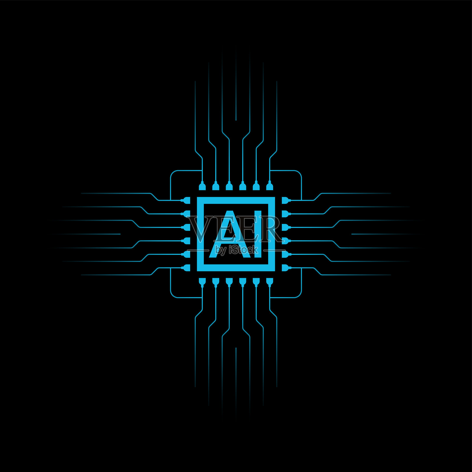 深色背景下的芯片与人工智能概念。人工智能标志。科技、商业、教育领域的AI标志。插画图片素材