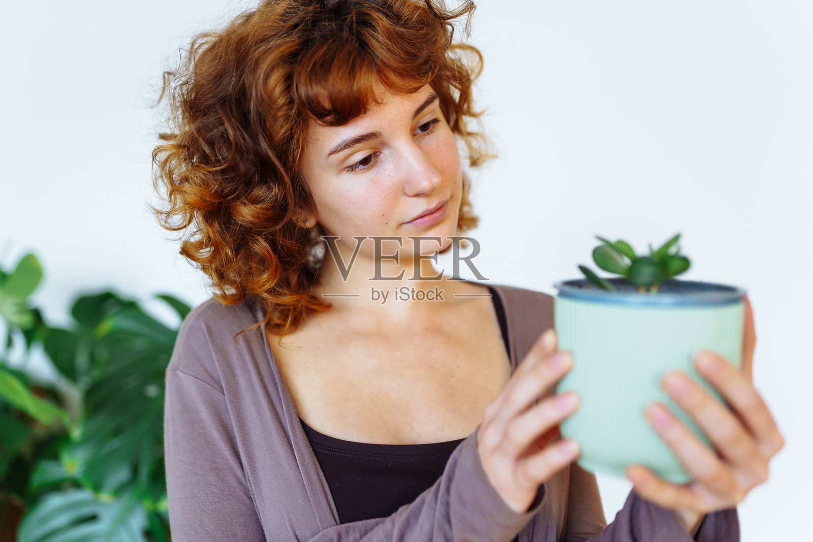 小女孩双手捧着带有植物的花盆照片摄影图片