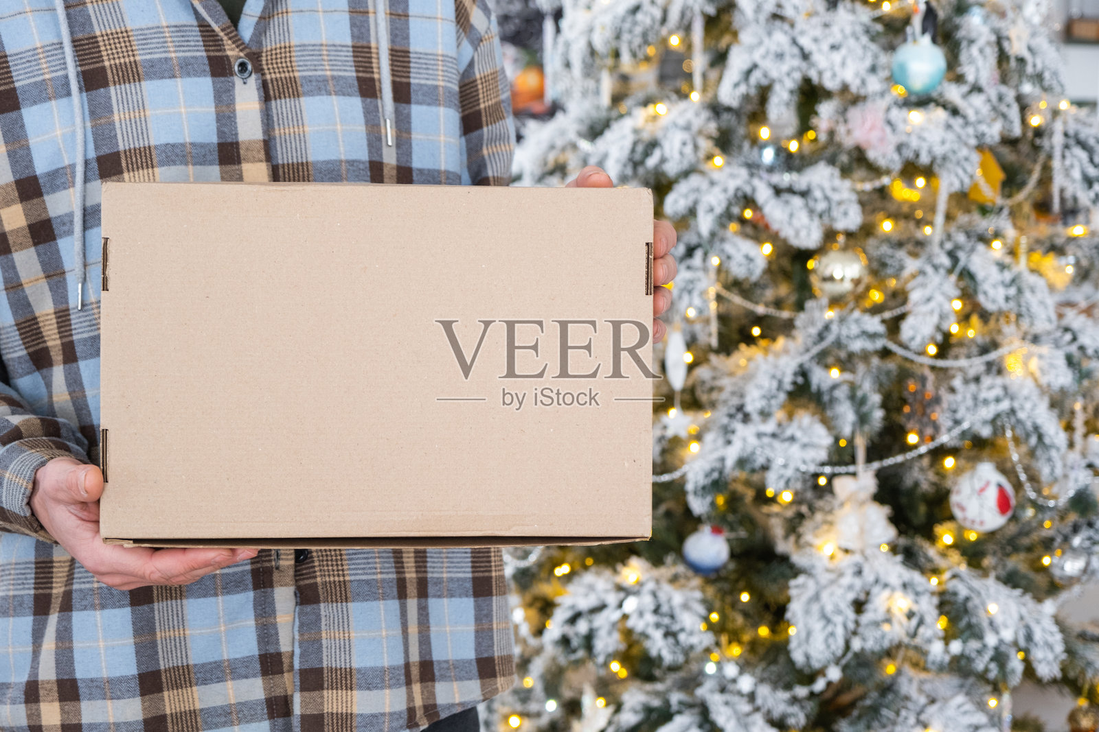 一位快递员带着包裹箱在厨房里，周围有白色的圣诞装饰和圣诞树。新年和圣诞节的礼品配送，快递服务照片摄影图片