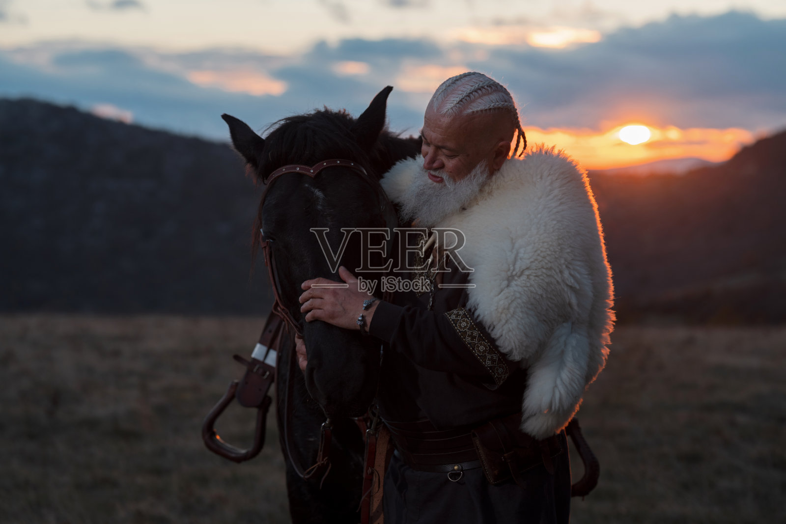 一位留着白胡子的老维京人，身着传统服饰，自信地站在马匹旁，背景是日落时的风景。照片摄影图片