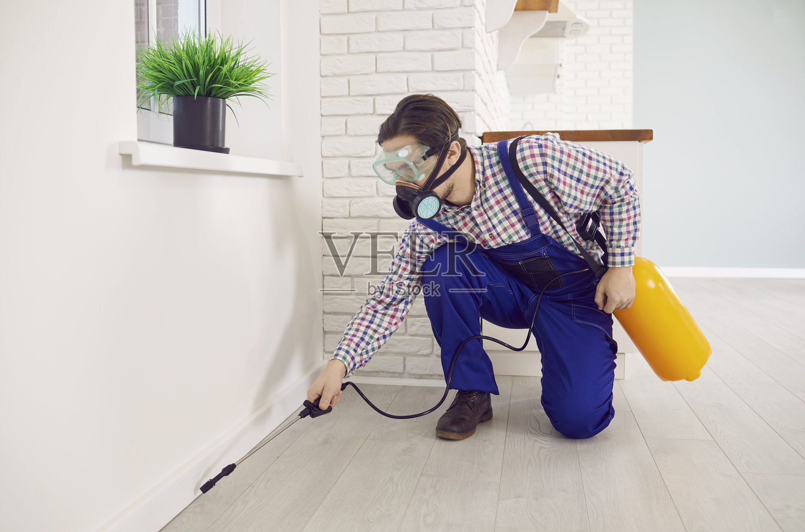 戴着口罩和工作服的害虫防治人员在房屋内喷洒毒药照片摄影图片