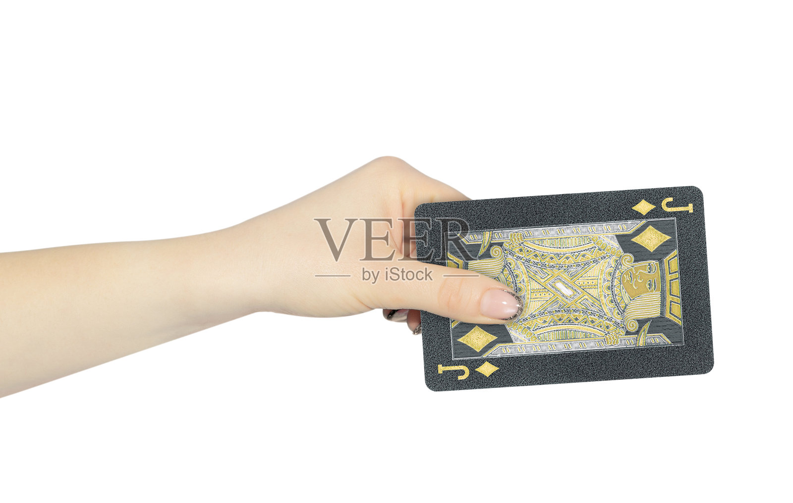 手中拿着扑克牌方块J，伸出的手中拿着黑色扑克牌，背景分离照片摄影图片