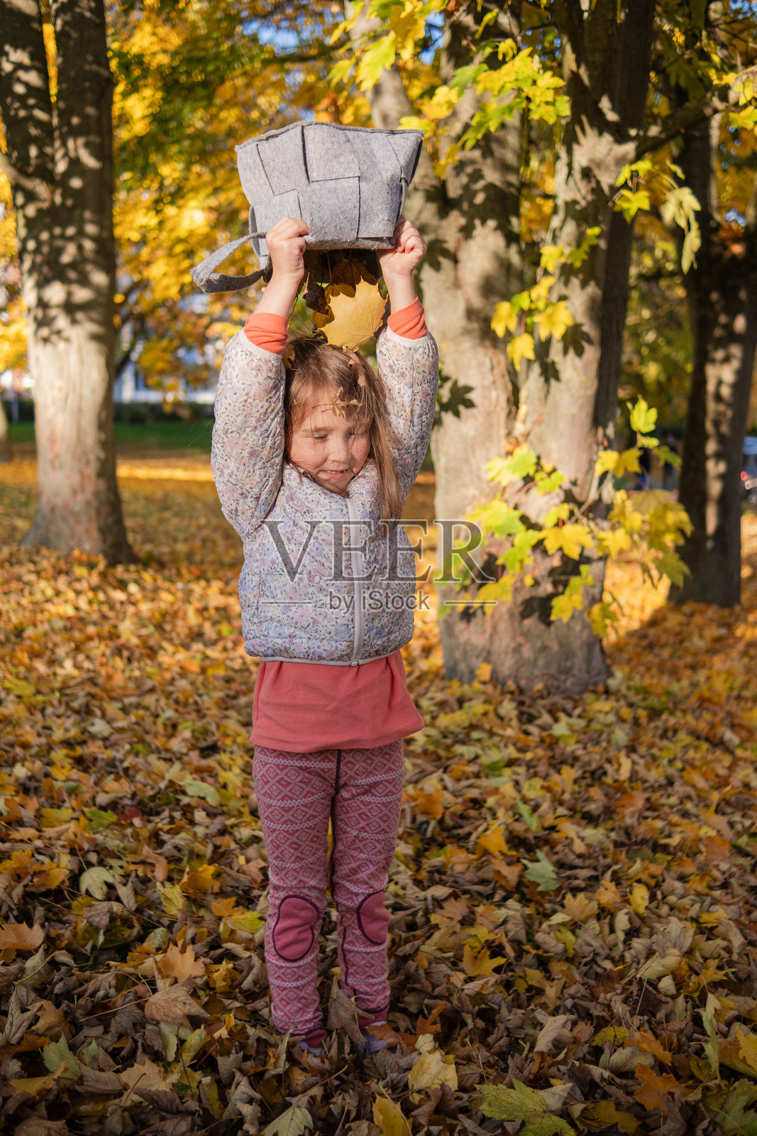 一个漂亮的白种小女孩穿着秋装，以秋景为背景摆拍照片摄影图片