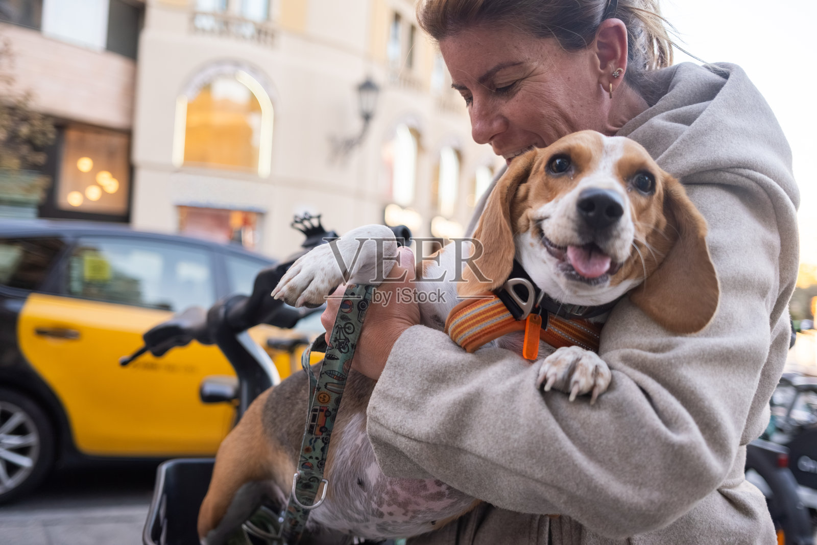 女子在城市街道上抱着一只快乐的比格犬照片摄影图片