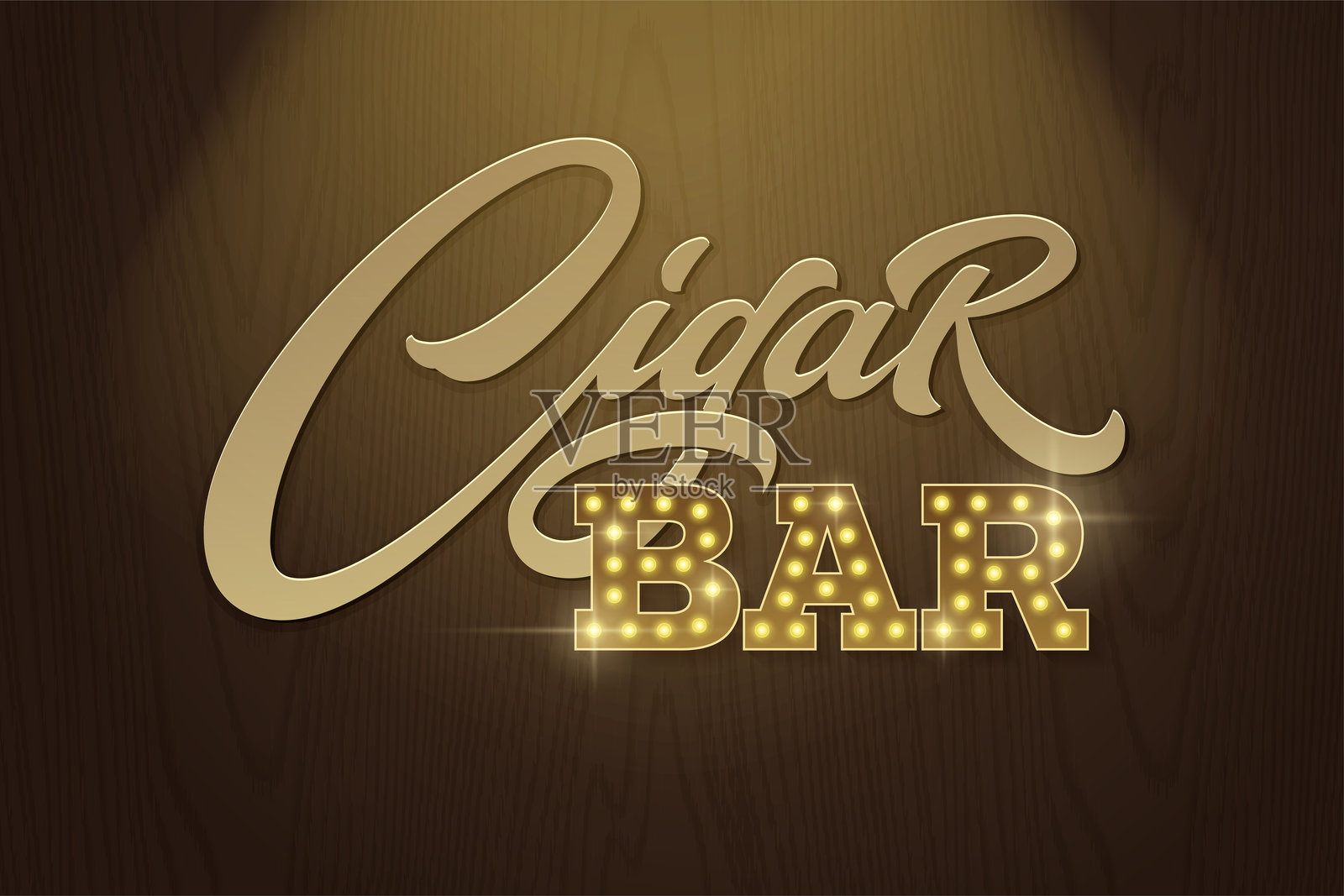 复古风格的雪茄吧招牌，背景为深棕色木纹。复古风格招牌设计的矢量模板。现代排版，字体构成。插画图片素材