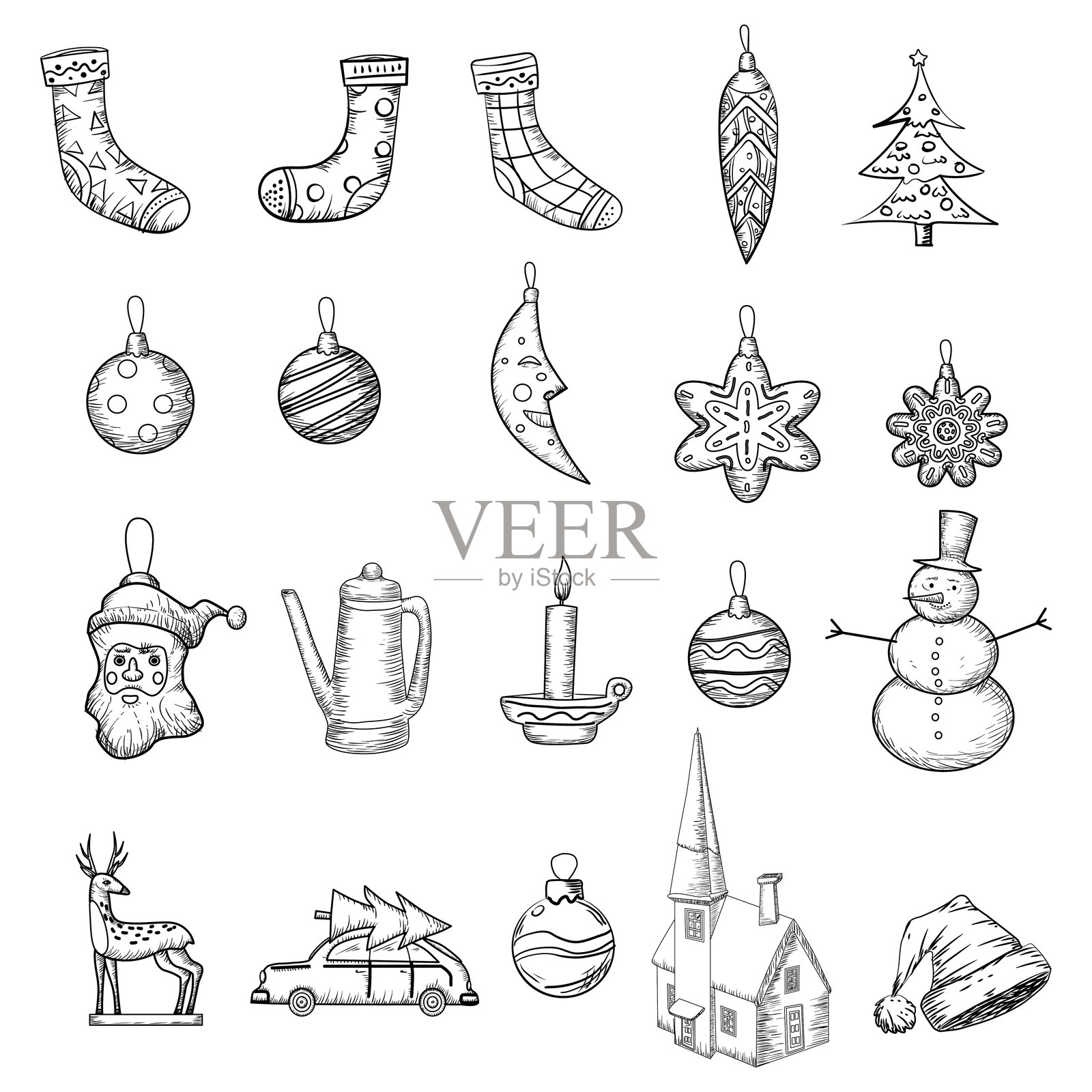 圣诞节图标套装，手绘涂鸦，圣诞前夜素材。插画图片素材