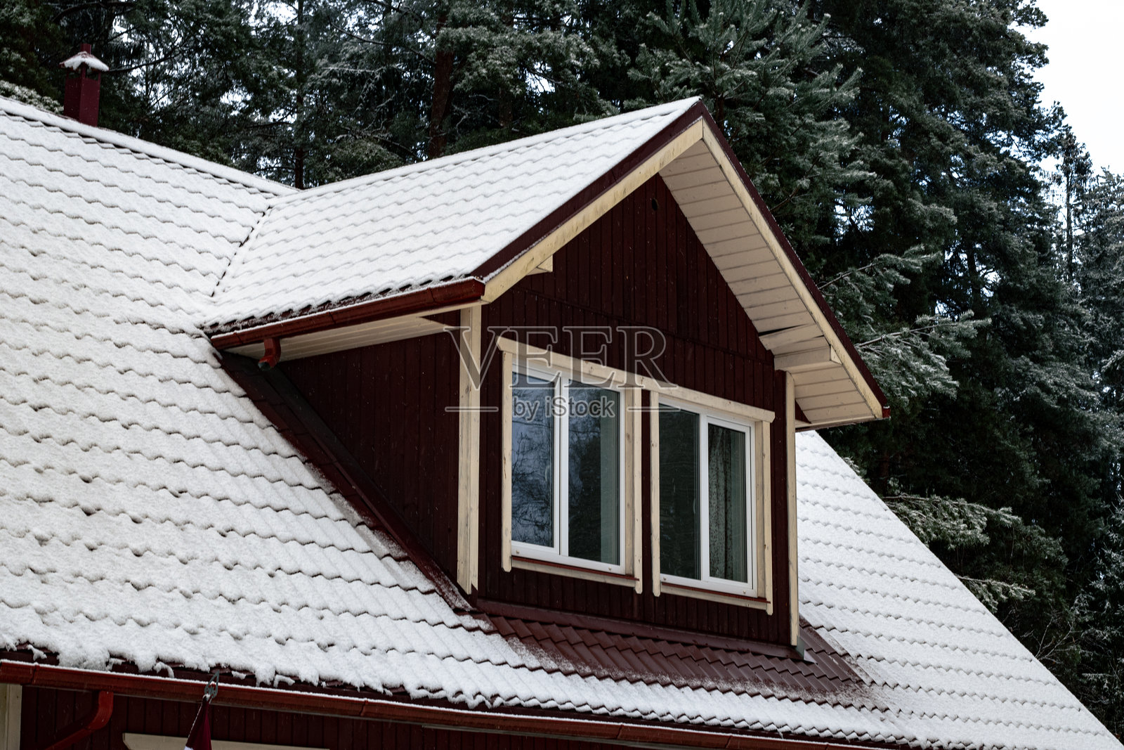 覆盖着雪的森林木屋屋顶照片摄影图片