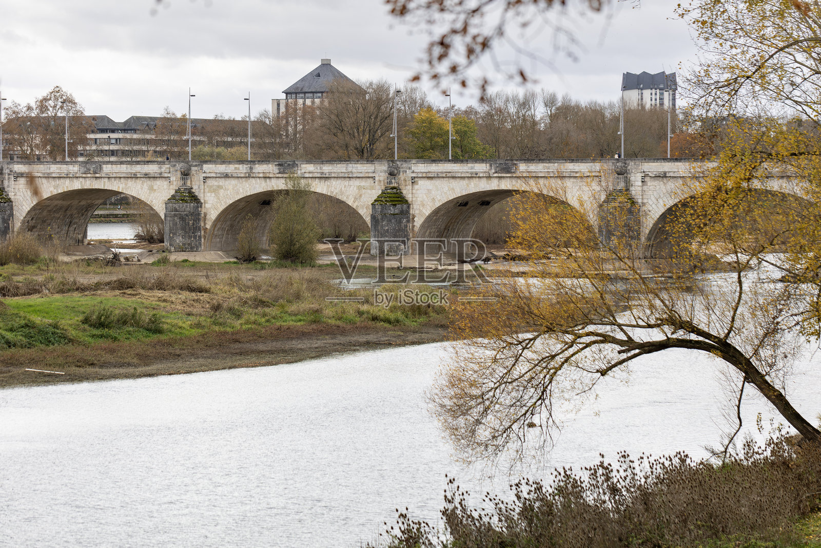 历史悠久的威尔逊桥石拱门横跨法国图尔市的卢瓦尔河，两旁是黄色的秋季树枝，在多云的灰色天空下构成美丽的城市景观。照片摄影图片