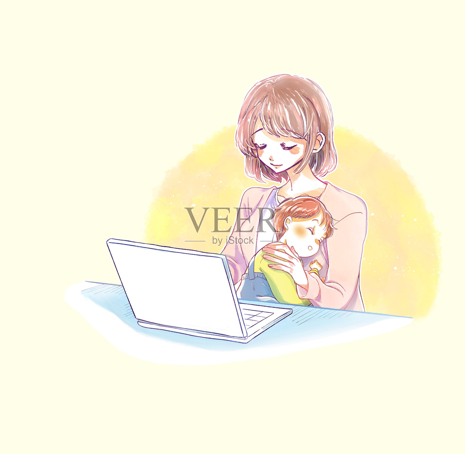 一位女士抱着孩子使用笔记本电脑插画图片素材
