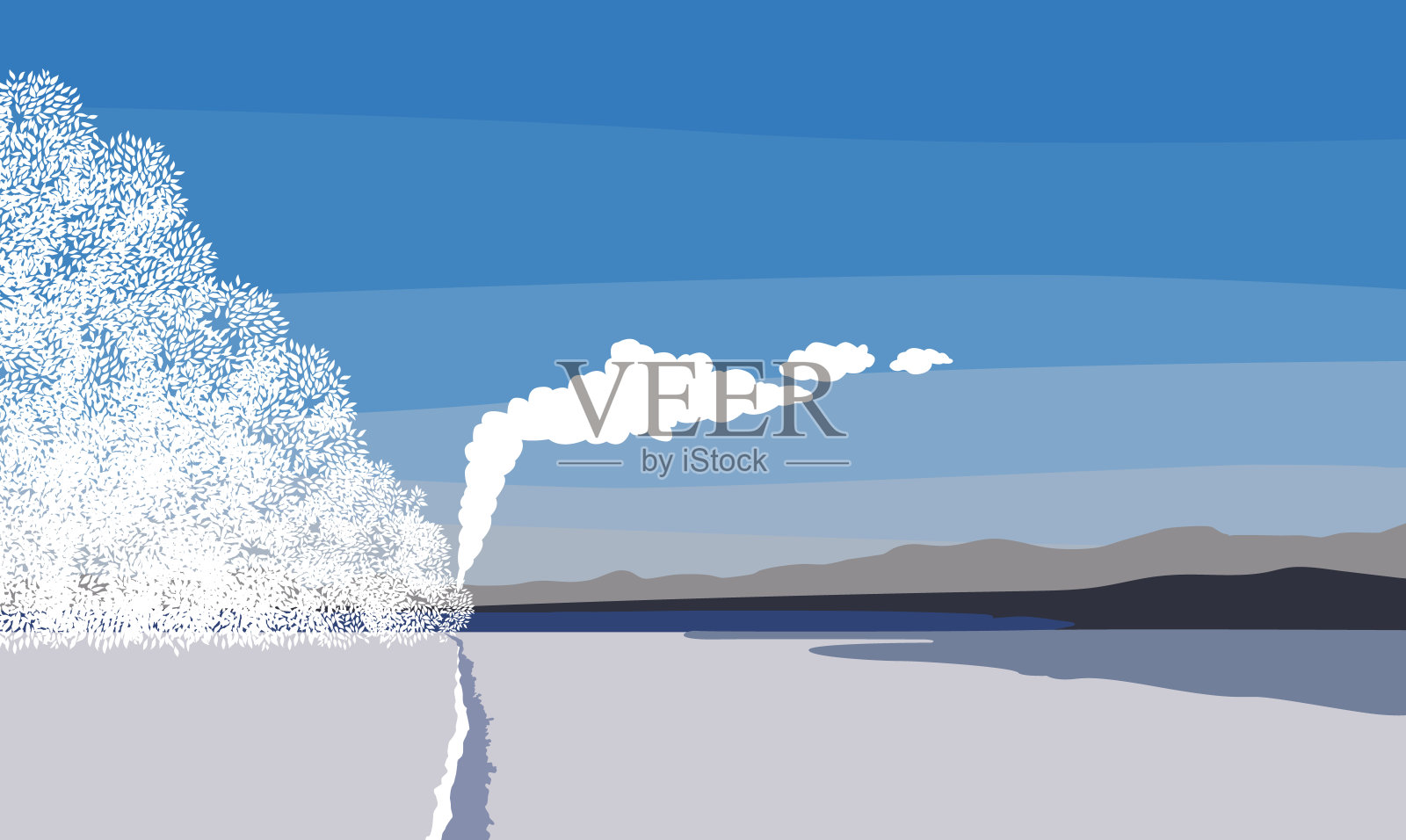 冬季景观，有雪树和冰湖上的烟雾，扁平矢量图插画图片素材