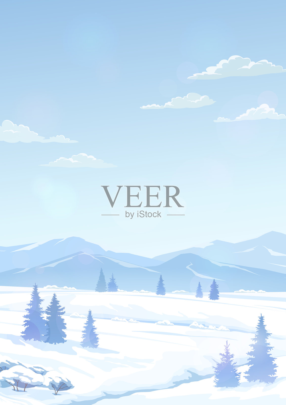 雪谷和山脉的风景。冬季自然风光。插画图片素材