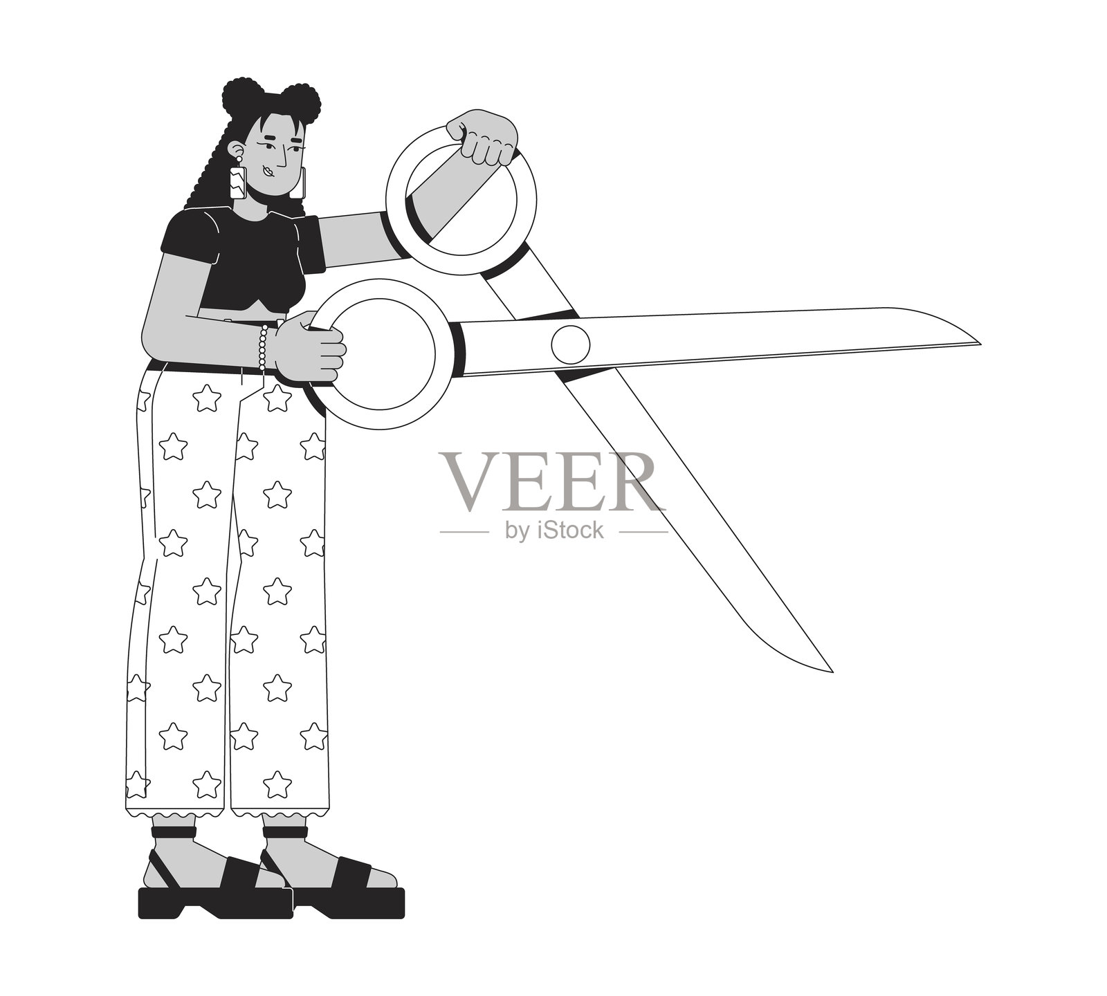 拉丁女性手持超大剪刀的二维线条人物插画图片素材