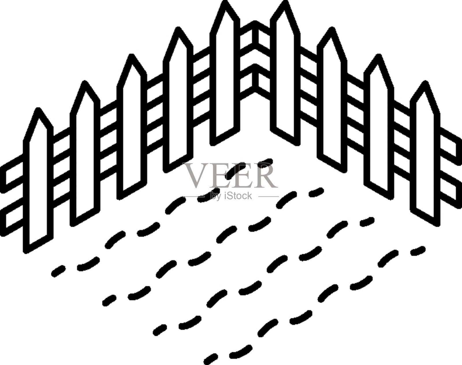 房地产购买：带围栏的农田（田地）的极简线条等距插画，黑白插画图片素材
