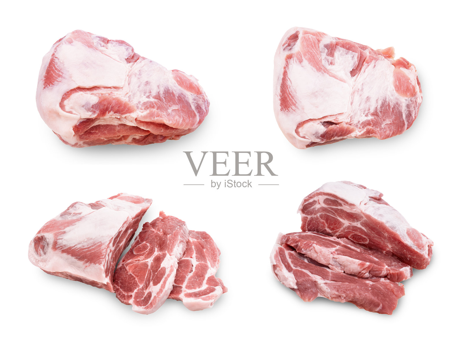 俯视角度特写，展示堆叠的生猪肩肉块，肉块被切成小方块，肉质带有大理石纹路和白色脂肪层，背景为白色。照片摄影图片