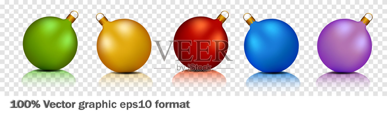 一套充满活力的3D圣诞装饰品，颜色包括绿色、金色、红色、蓝色和紫色。这些装饰玩具非常适合为节日增添喜庆气氛。插画图片素材