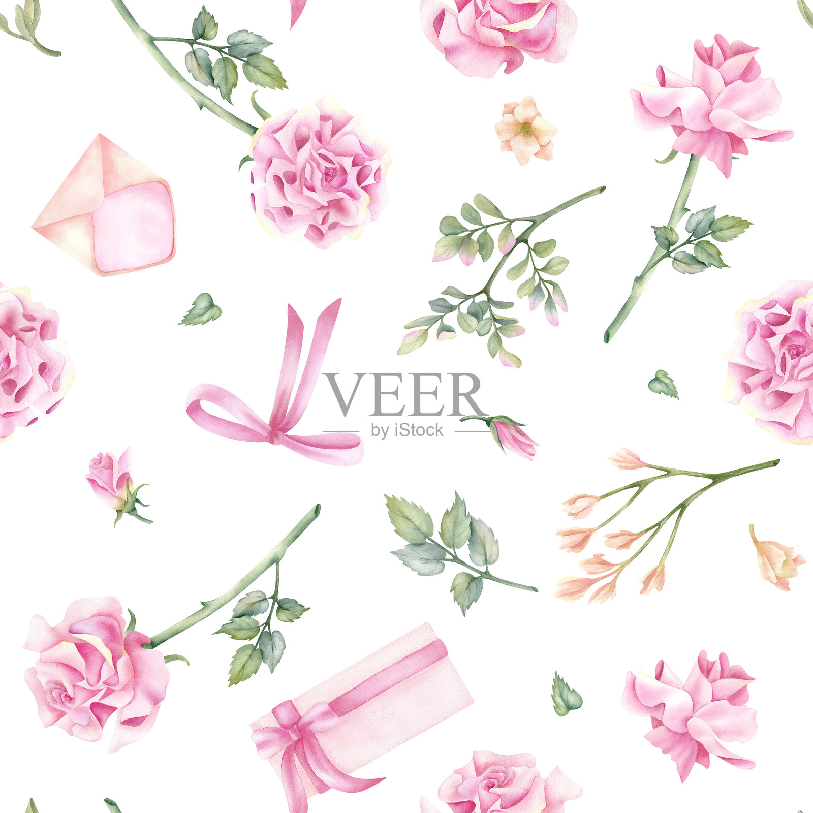 精致的玫瑰花卉无缝图案插画图片素材