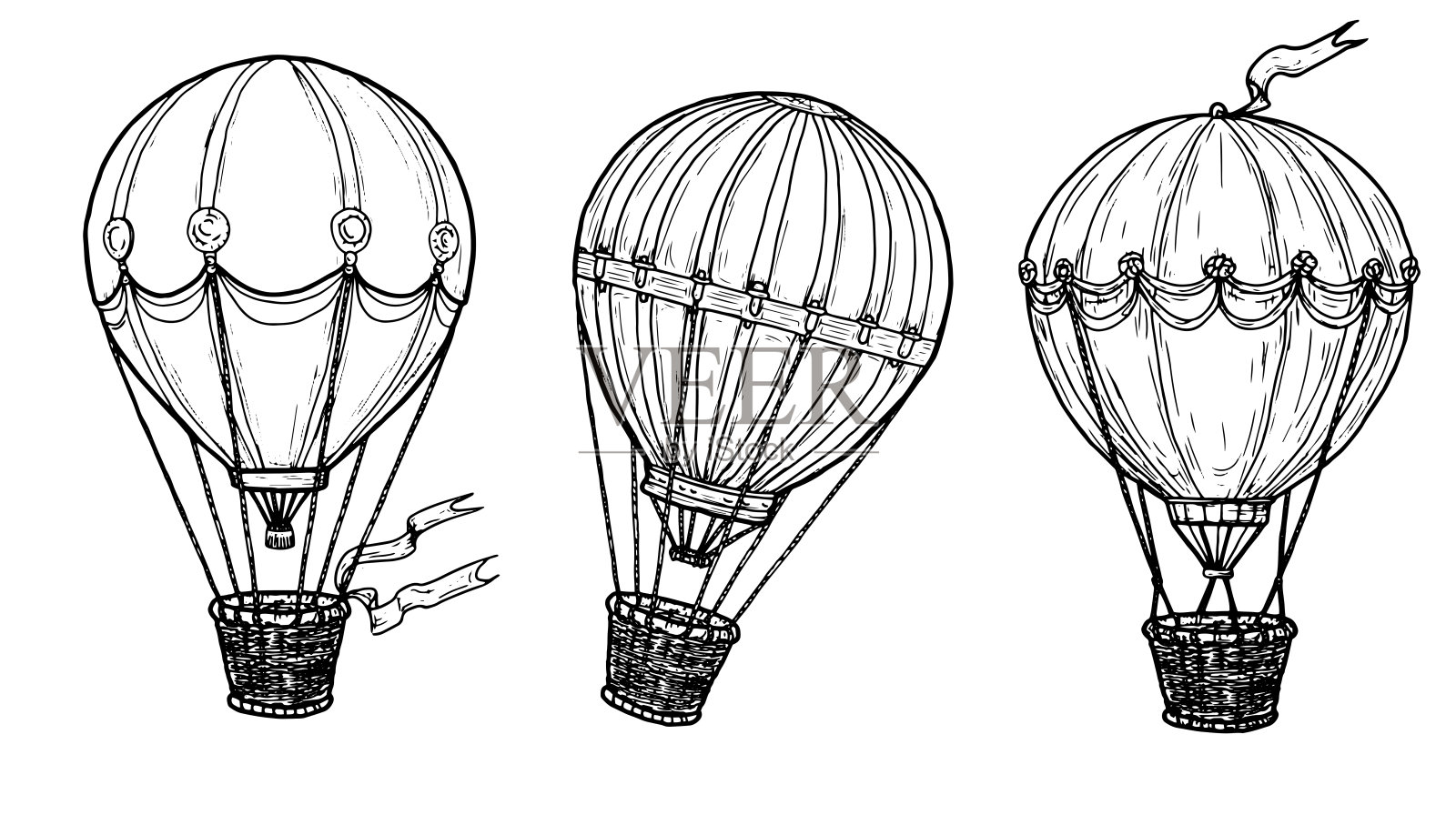 带柳条篮的热气球，黑白墨水素描。矢量插画。带丝带的热气球，套装，孤立在白色背景上。用于明信片、儿童读物和纺织品印刷插画图片素材