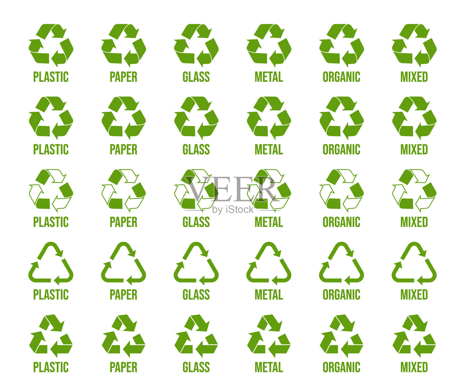 垃圾分类。废弃物分离、分类和回收，包括塑料、纸张、玻璃、金属、有机物和其他各类废物插画图片素材