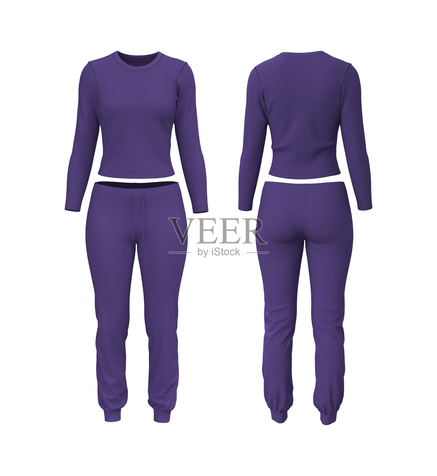 写实风3D女性长袖训练上衣与慢跑运动裤套装模型。正面与背面视图运动服饰模板照片摄影图片
