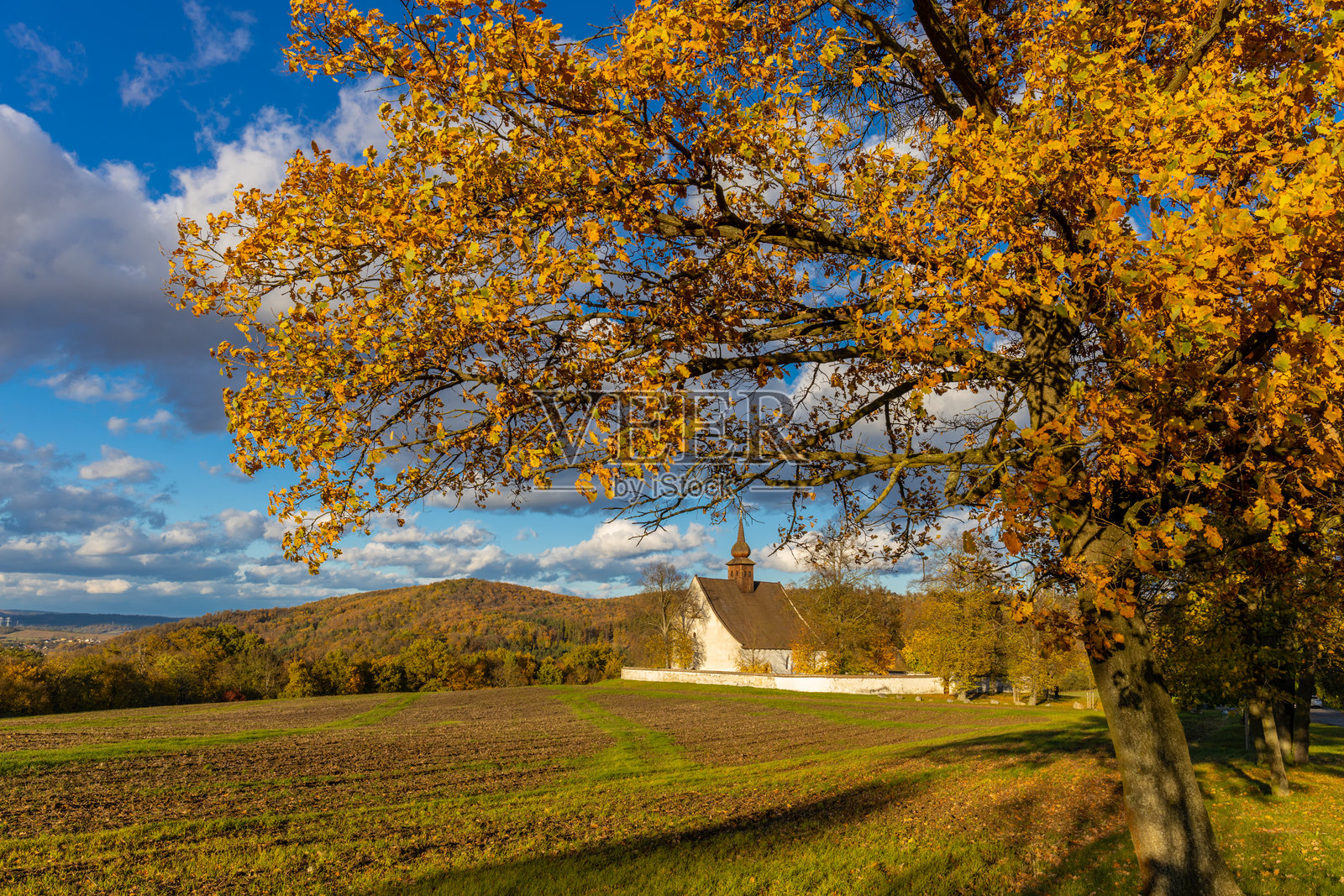 秋日风光，一座拥有历史建筑的教堂，色彩斑斓的秋叶，温暖的阳光和乡村景色照片摄影图片