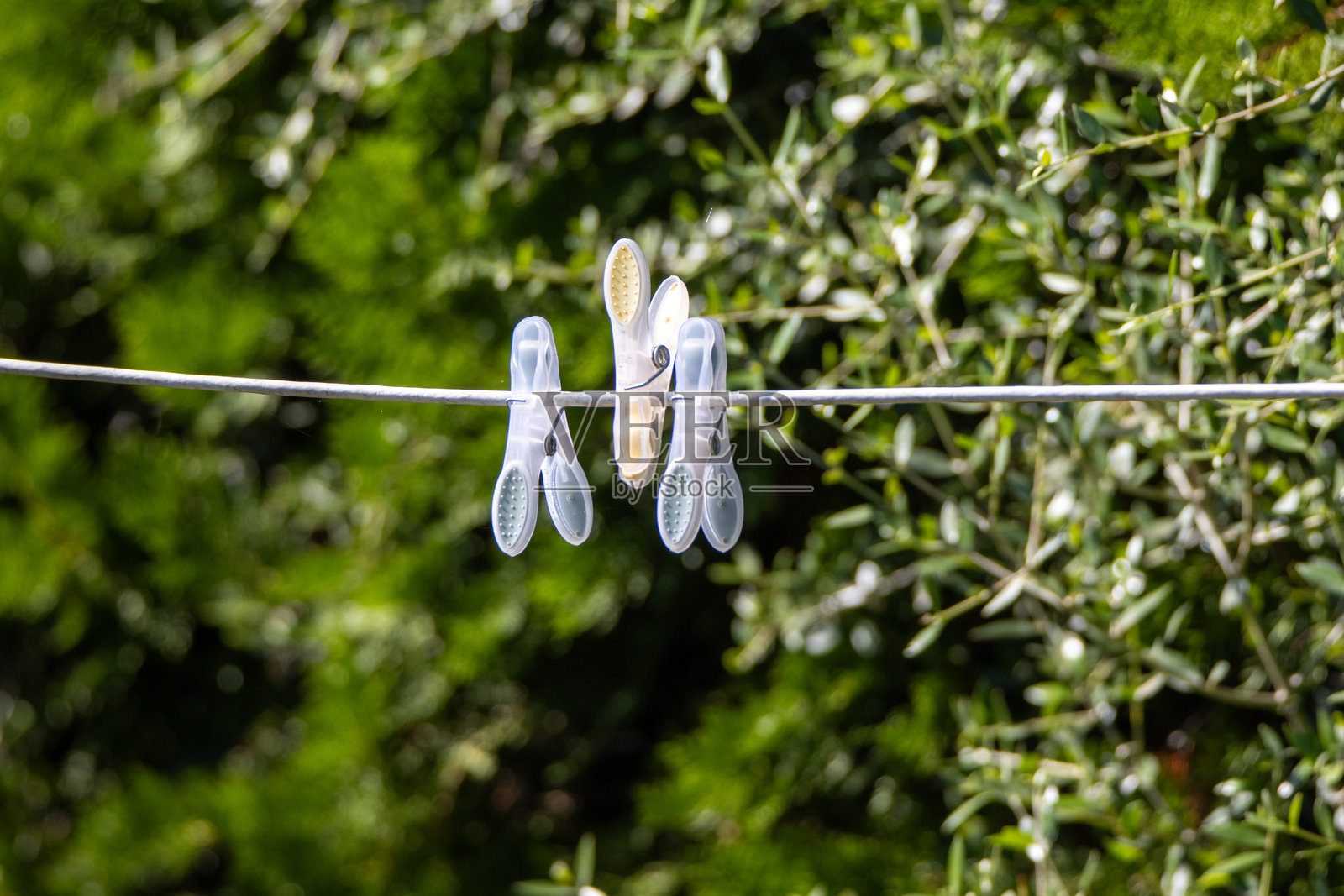 彩色的晾衣夹挂在晾衣绳上，背景为自然景物，孤立展示照片摄影图片