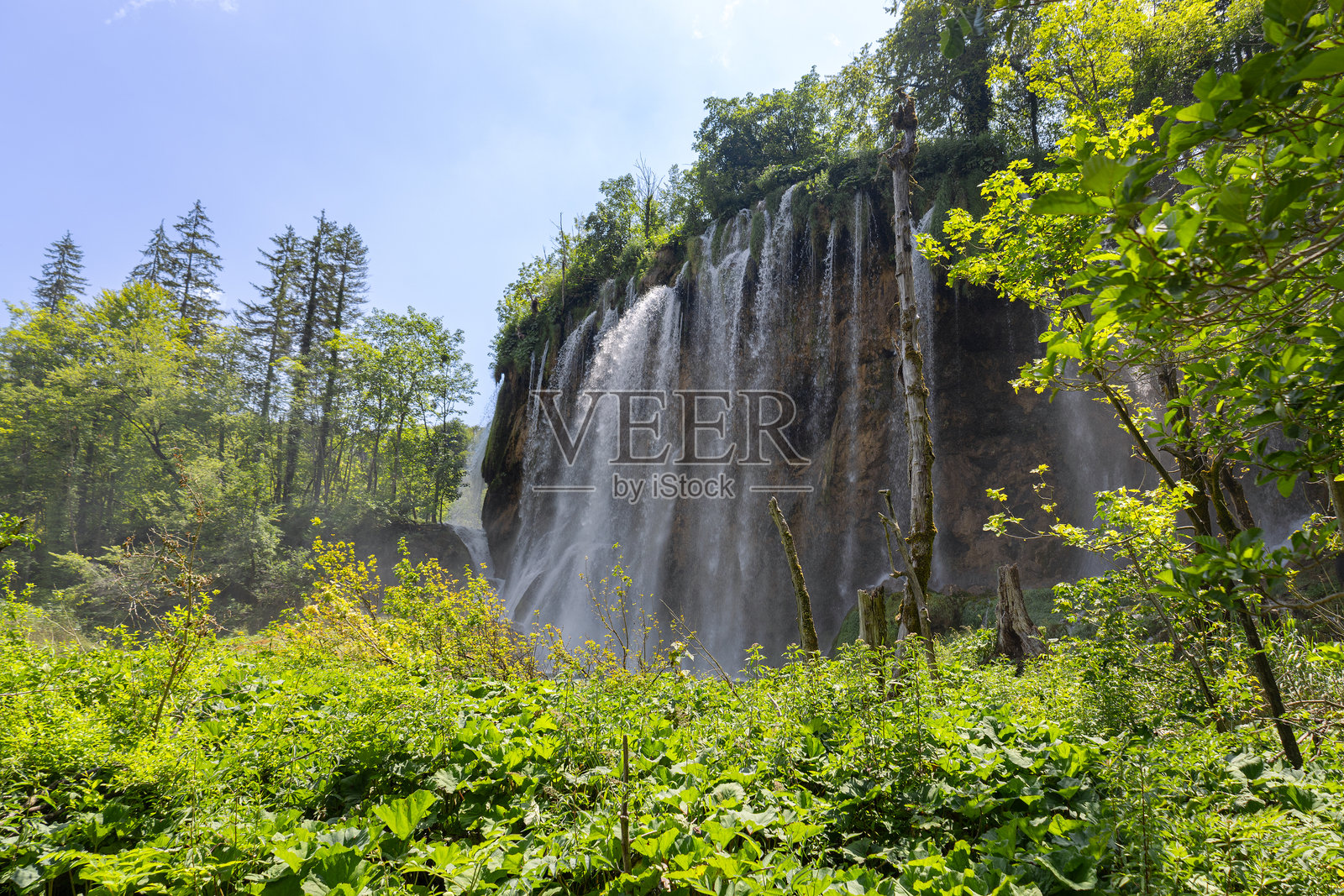公园里的瀑布，湖泊和瀑布旁的夏日美景，克罗地亚普利特维采湖群照片摄影图片