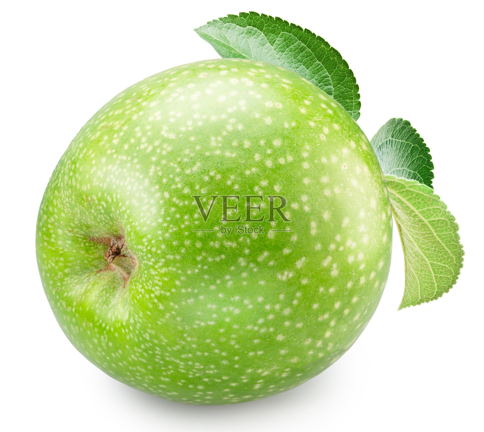 成熟的绿苹果带叶子，背景为白色。文件包含裁剪路径。照片摄影图片