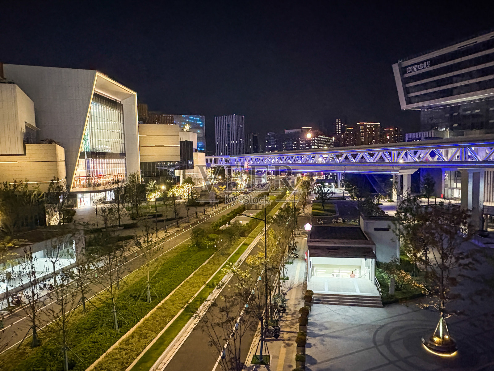 夜晚，装饰着霓虹灯的城市办公楼照片摄影图片