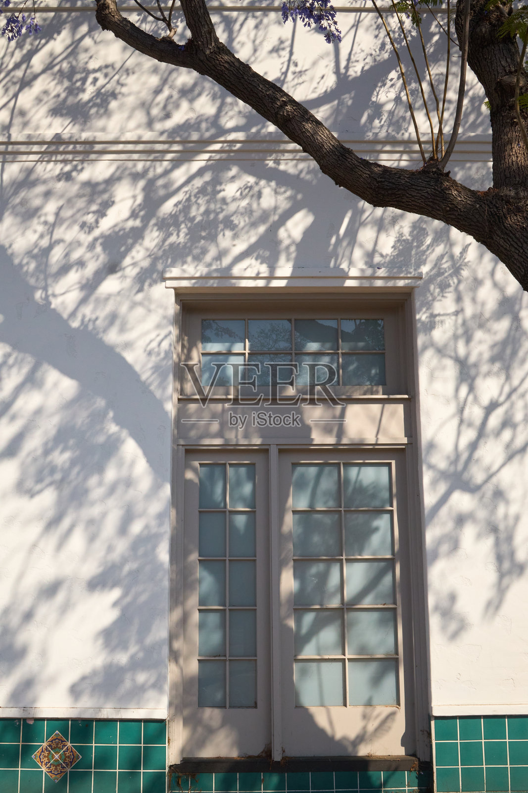 白色装饰艺术风格建筑前的盛开的蓝花楹树，几何窗户，绿松石瓷砖，加州春季照片摄影图片