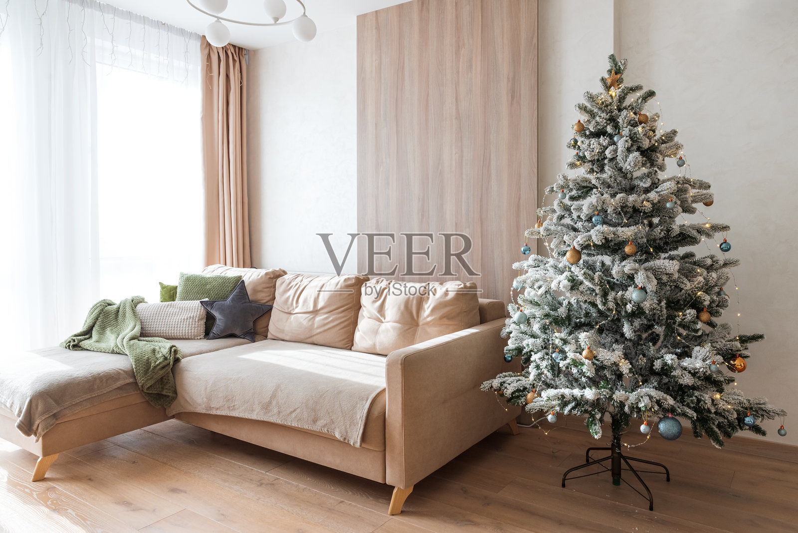装饰精美的圣诞树和节日内饰的舒适客厅照片摄影图片