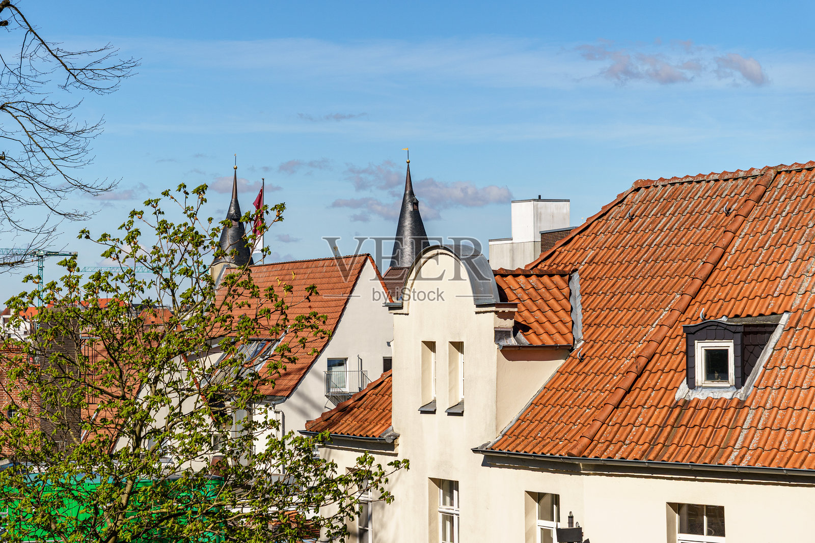 德国吕贝克市一排排红顶白边的房屋，房屋排列整齐，颜色一致。照片摄影图片